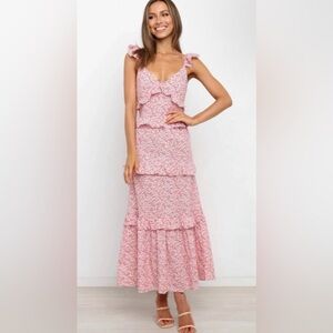 Petal & Pup Pink Floral Tiered Midi Dress Tie Strap US 6